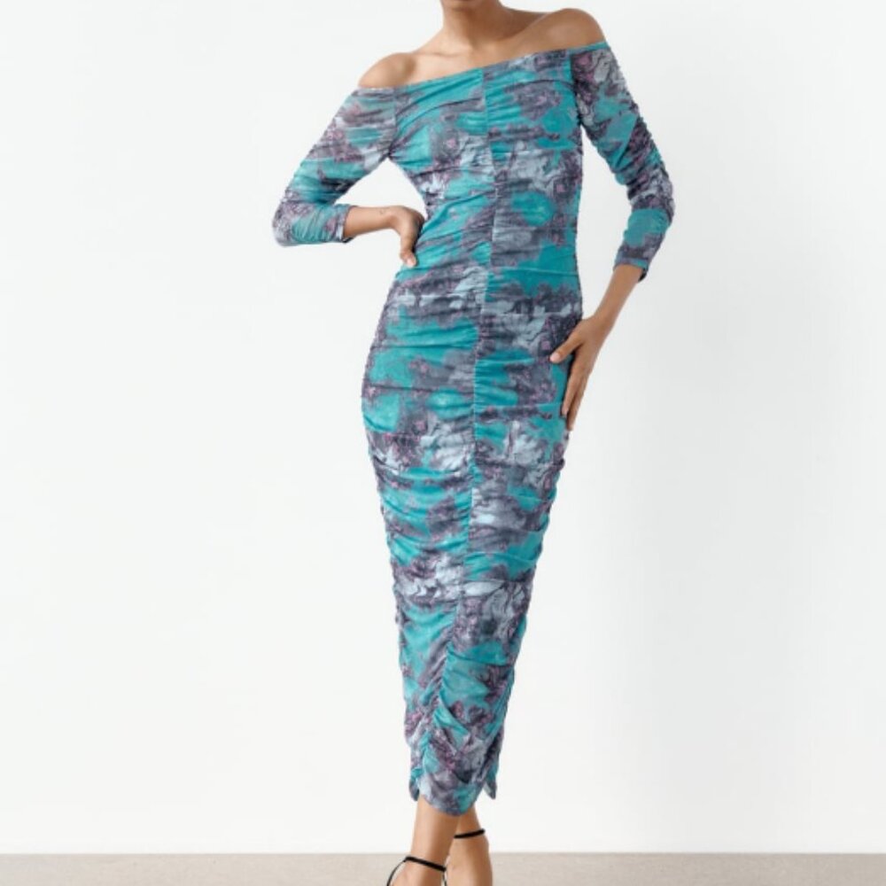 EUC Zara Drapped Off-Shouler Gathered Tulle Maxi Dress